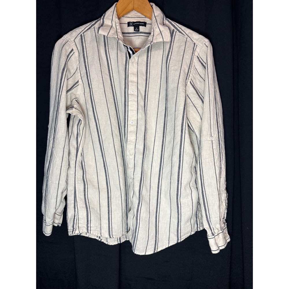 INC International Concepts Mens Medium White Navy Striped Linen Blend Shirt